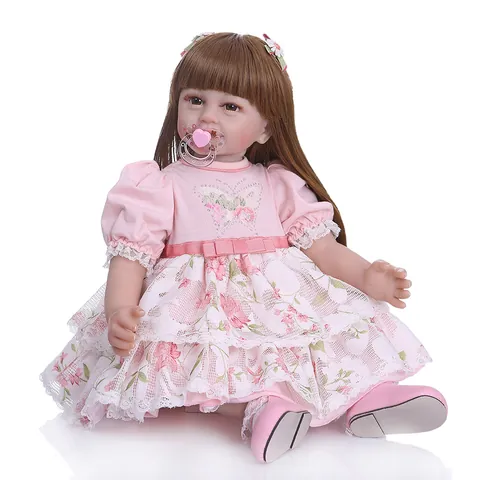 Handmade Realistic Reborn Baby Doll Silicone Girl Long Hair Pink Princess Dress For Kids Role Play Birthday Gift