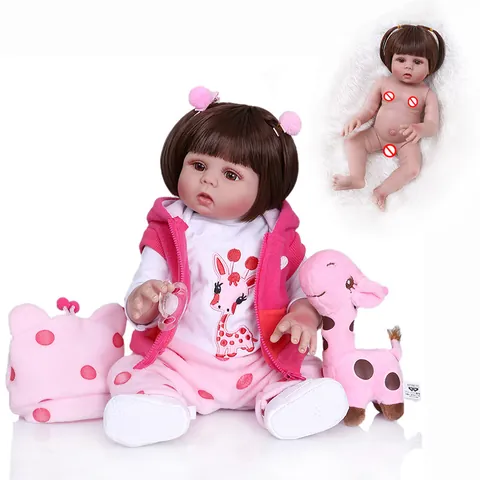 Bambola Reborn Realistica Full Body in Silicone 48cm Neonato Verosimile Ragazza Con Outfit Giraffa Vestiti Rosa a Pois