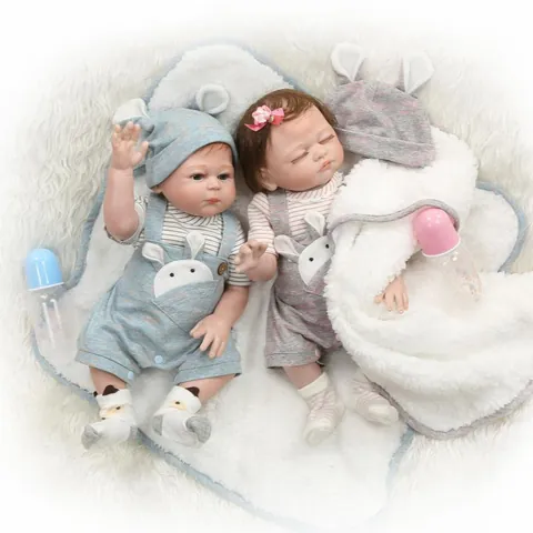 Realistic Silicone Reborn Baby Doll Newborn Sleeping Awake Twin Baby With Striped Rabbit Outfit Clothing Pacifier Bottle