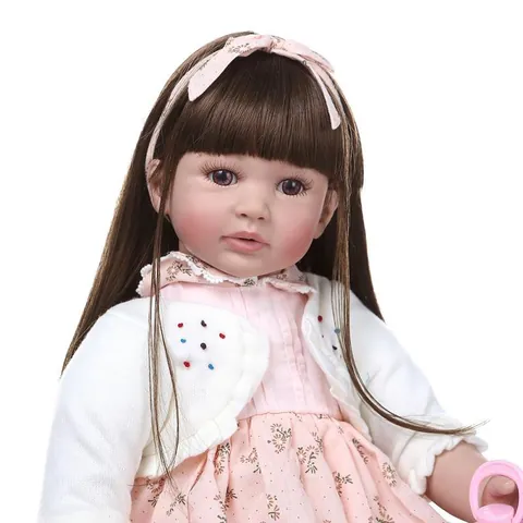 Realistic Reborn Baby Doll Toddler Girl With Long Hair Wearing Pink Floral Lace Dress And White Cardigan Princess Toy Gift