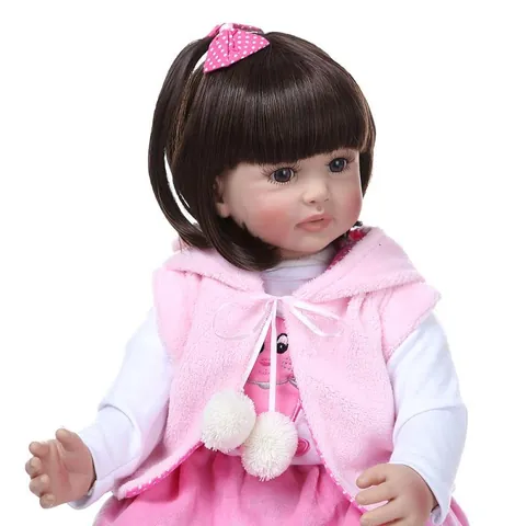 Realistic 60cm Reborn Toddler Girl Doll Silicone Cloth Body Brown Hair Pink Rabbit Outfit Princess Doll Birthday Gift Toy