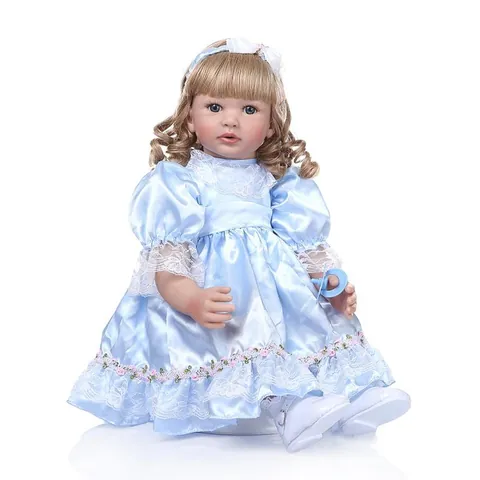 60cm Reborn Toddler Doll Lifelike Silicone Cotton Body Girl Doll With Light Blue Satin Princess Dress Blonde Curly Hair