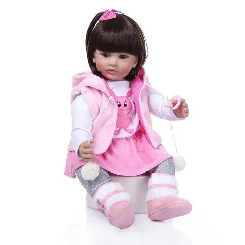 Realistic 60cm Reborn Toddler Girl Doll Silicone Cloth Body Brown Hair Pink Rabbit Outfit Princess Doll Birthday Gift Toy