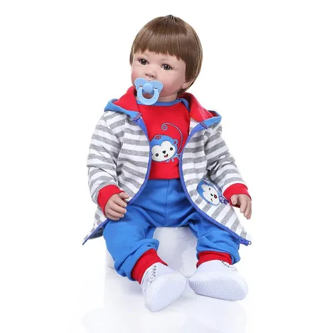 Realistic Reborn Toddler Girl Doll With Soft Silicone Limbs Cloth Body Synthetic Hair And Monkey Pattern Outfit Toy