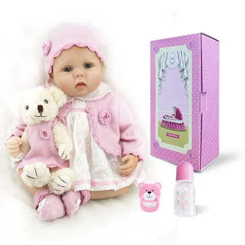 Realistic Reborn Baby Doll Silicone Limbs Soft Body Weighted Pink Knit Clothing Set With Plush Bear For Girls Gift