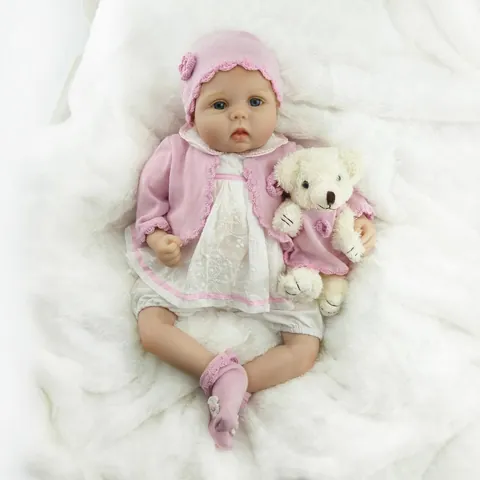 Realistic Reborn Baby Doll Silicone Limbs Soft Body Weighted Pink Knit Clothing Set With Plush Bear For Girls Gift