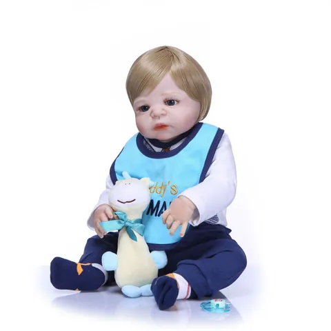 Realistic Reborn Baby Doll Full Silicone Waterproof Lifelike Newborn Boy Toy With Blue Outfit Giraffe Plush Pacifier Gift