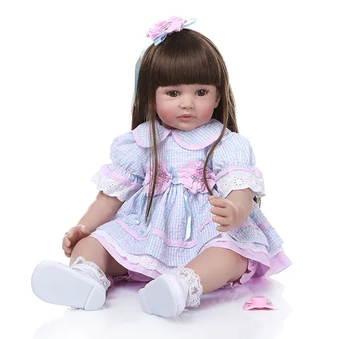 Realistic Reborn Doll Silicone Soft Limbs Cotton Body Simulation Princess Doll Blue Plaid Dress Lace Outfit Baby Toy Gift