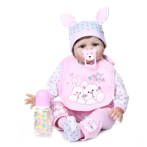 Poupée Bébé Reborn Réaliste Avec Membres en Vinyle Silicone Souple Et Corps en Coton Tenue Lapin Rose Comprenant Biberon Sucette Jouet Pour Cadeau Enfants