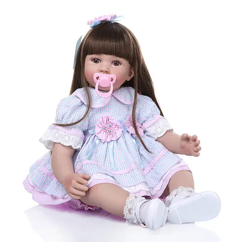 Realistic Reborn Doll Silicone Soft Limbs Cotton Body Simulation Princess Doll Blue Plaid Dress Lace Outfit Baby Toy Gift
