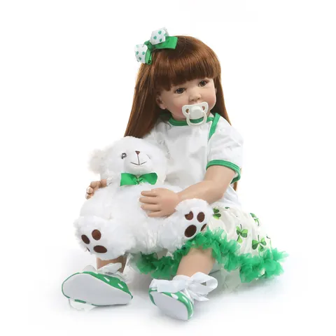 Realistische Reborn Kleinkind Puppe Weichem Silikon Baumwollkörper Im Grünen Kleeblatt Kleid St Patricks Day Mit Plüschbär