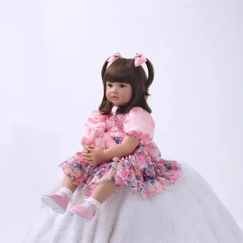 Realistische Reborn Baby Puppe Weiches Silikon Kleinkind Prinzessin Puppe Mit Rosa Blumenkleid Plüschbär Spielzeug Geschenk