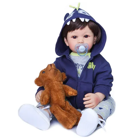 Realistic Reborn Toddler Boy Doll Silicone Lifelike Newborn Baby Toy With Dinosaur Hoodie Plush Bear Pacifier Kids Gift
