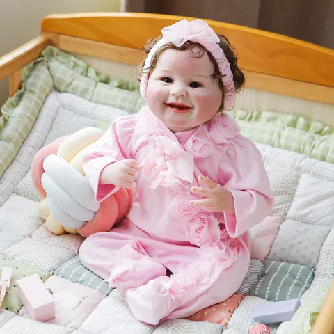 Realistic Smiling Reborn Baby Doll Soft Silicone Limbs Cotton Body Weighted Lifelike Newborn Toy with Clothes Headband