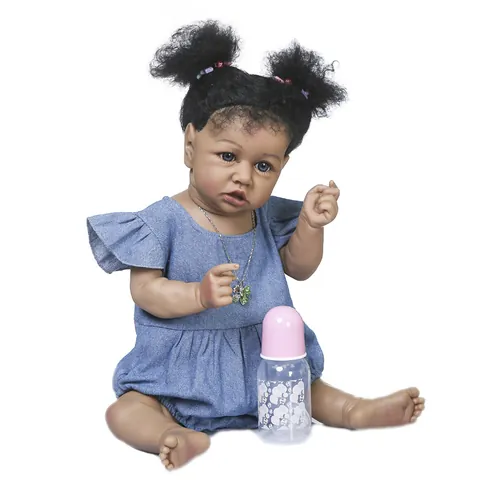Realistic African American Reborn Baby Doll 55cm Mixed Silicone Full Body Deep Brown Skin Girl Doll With Denim Dress Accessories