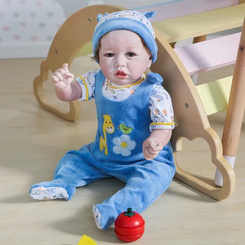 22 Inch Reborn Baby Boy Doll Saskia Realistic Mixed Silicone Lifelike Newborn Doll With Blue Romper Outfit Kids Gift