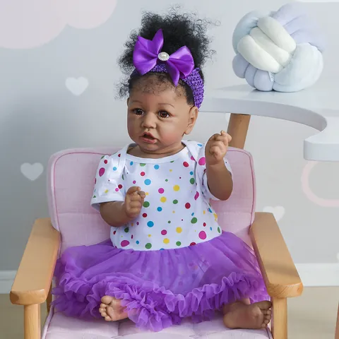 Realistic Full Body Silicone Reborn Toddler Doll With Curly Hair Purple Polka Dot Outfit Accessories For Girls Gift