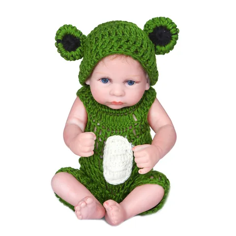 Mini Lifelike Reborn Baby Doll Soft Silicone Mixed Body Mohair Hair Washable Green Frog Knit Hat Outfit Doll Toy