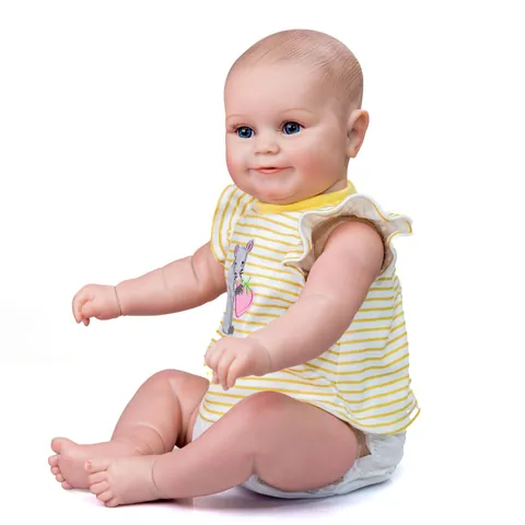 Realistische Reborn Babypuppe Maddie Weiche Silikonglieder Stoffkörper Gelb Gestreiftes Top Windel Flasche Schnuller Haar