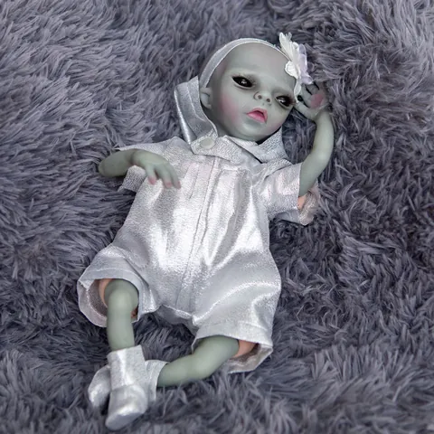 Realistic Reborn Alien Baby Doll Soft Silicone Grey Green Skin Silver Metallic Romper For Children Collection Toy Gift