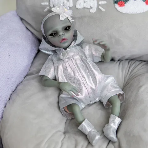 Realistic Reborn Alien Baby Doll Soft Silicone Grey Green Skin Silver Metallic Romper For Children Collection Toy Gift
