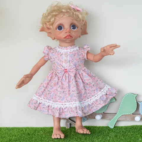 40cm Reborn-Puppe Elfe Silikon Stoffkörper Handbemalt Mit Goldenen Locken Rosa Blumenkleid Für Kinder Geschenk
