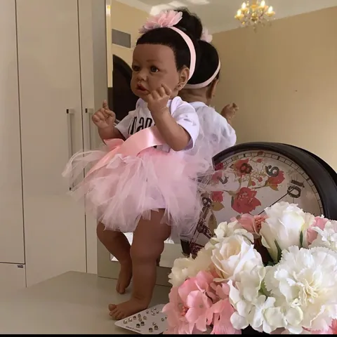 Realistic African American Reborn Baby Doll Silicone Vinyl Simulation Newborn Baby Doll With Pink Tutu Dress And Accessories