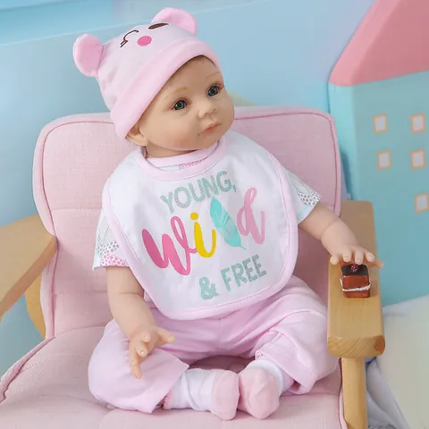 Muñeco Bebé Reborn Realista Cuerpo de Tela de Silicona Recién Nacido Rosa Gorro Orejas de Oso Babero Conjunto Para Niños