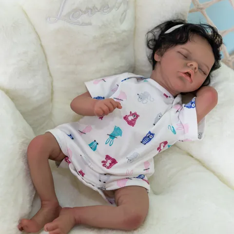 Realistic Sleeping Reborn Baby Doll Dark Skin Tone Silicone Cloth Body Black Curly Hair With Owl Romper For Kids Gift