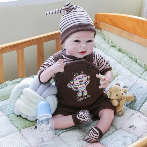 Realistic Reborn Baby Doll Hand Rooted Hair Cloth Body Simulation Newborn Doll With Monkey Pattern Overalls Hat Milk Bottle Toy For Kids Gift