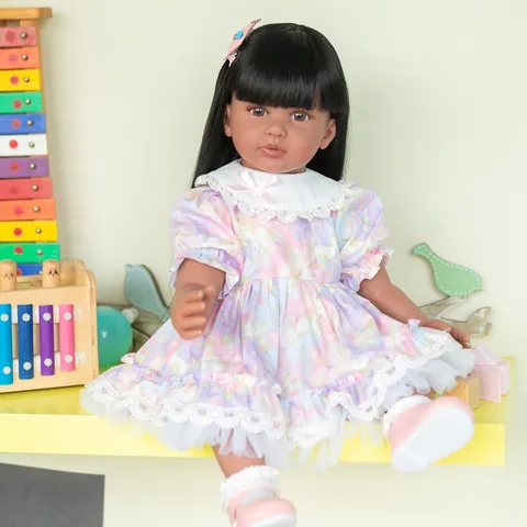 Realistic Reborn Girl Doll Silicone Cloth Body Lifelike Princess Toddler Toy With Floral Dress Shoes Accessories