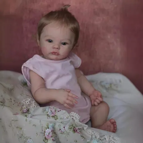 Realistische Reborn Baby Puppe Silikon Kopf Und Gliedmaßen Stoffkörper Mit 3D Haut Sichtbare Adern Handgewurzeltes Haar Rosa Strampler Kinder Geschenk