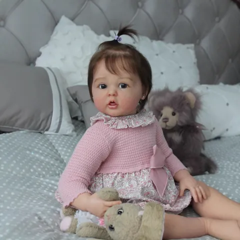 Realistische Reborn Baby Puppe Großer Stoffkörper Lebensechte Handgefertigte Neugeborene Mädchen Puppe Mit 3D Hautvenen Verwurzeltes Haar Blumen Rosa Kleid Plüschtier