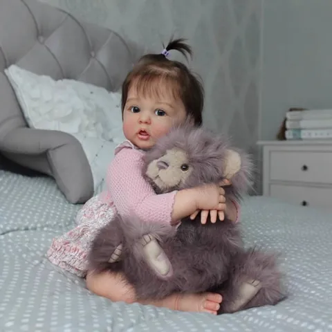 Realistische Reborn Baby Puppe Großer Stoffkörper Lebensechte Handgefertigte Neugeborene Mädchen Puppe Mit 3D Hautvenen Verwurzeltes Haar Blumen Rosa Kleid Plüschtier