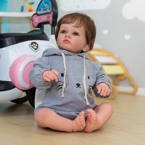 60cm Realistische Reborn Babypuppe Handgewurzeltes Haar 3D-Haut Sichtbare Venen Silikon Stoffkörper Lebensechte Neugeborenen Puppe