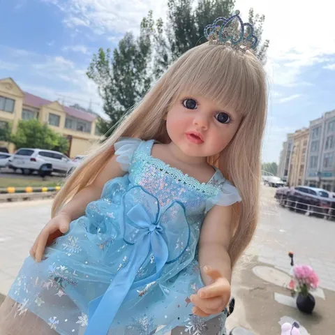 Realistische Vinyl Reborn Baby Puppe Blondes Haar Prinzessin Blau Pailletten Schneeflocke Kleid Krone Kinder Geburtstag Geschenk