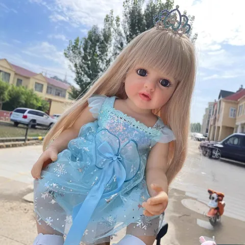 Realistische Vinyl Reborn Baby Puppe Blondes Haar Prinzessin Blau Pailletten Schneeflocke Kleid Krone Kinder Geburtstag Geschenk
