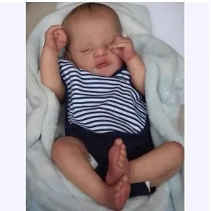 Realistische Reborn Babypuppe Schlafendes Neugeborenes Lebensechte Silikon Vinyl Stoff Körper Handgefertigte Gewichtete Puppe Blau Gestreift