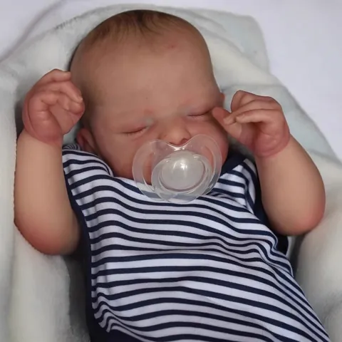 Realistische Reborn Babypuppe Schlafendes Neugeborenes Lebensechte Silikon Vinyl Stoff Körper Handgefertigte Gewichtete Puppe Blau Gestreift