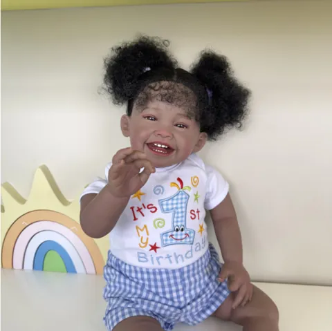Realistic African American Reborn Baby Doll With Curly Hair Smile Expression Birthday Outfit Cloth Body Simulation Toy