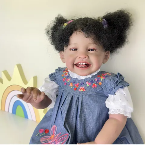 Realistic African American Reborn Baby Doll Cloth Body Silicone Limbs Hand Rooted Hair Smiling Girl In Floral Denim Dress