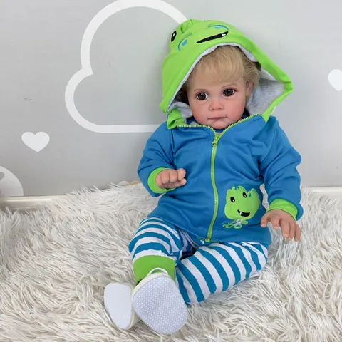 Bambola Reborn Realistica Maddie Pelle Dipinta Capelli Radicati Arti in Silicone Corpo in Cotone Morbido Felpa Blu Dinosauro