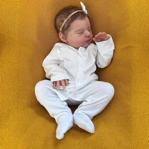 Muñeca Bebé Reborn Realista de 19 Pulgadas Recién Nacido Durmiendo Con Mameluco Blanco y Diadema de Lazo Silicona Cuerpo de Tela Juguete Realista