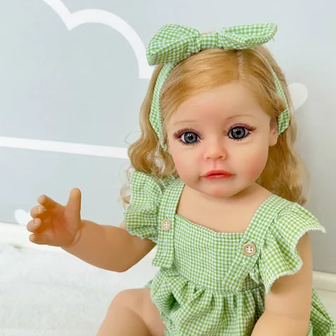 Realistische Reborn Baby Puppe Weiches Silikon Vinyl Lebensechte Neugeborene Mädchen Puppe Mit Haar Gingham Kleid Geschenk