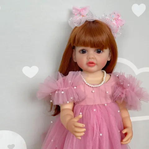 Muñeca Reborn de Silicona Realista Con Vestido de Princesa de Malla Rosa Y Pelo Largo Castaño Juguete de Colección de Vinilo Para Niños Niñas