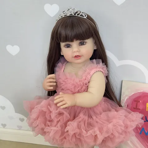 Realistic Full Silicone Reborn Doll With Long Brown Hair Rhinestone Crown Pink Mesh Tutu Dress White Sandals Baby Girl Toy Gift