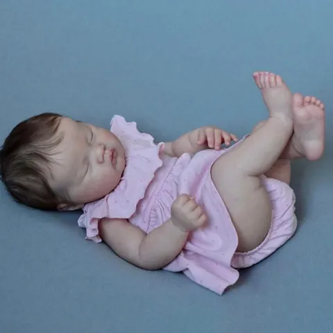 19 Inch Reborn Baby Doll Realistic Silicone Cloth Body Lifelike Sleeping Newborn Girl Doll With Pink Polka Dot Dress Rooted Hair 3D Skin Handmade Art Toy Gift For Kids