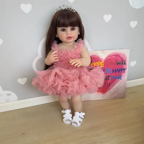 Realistic Full Silicone Reborn Doll With Long Brown Hair Rhinestone Crown Pink Mesh Tutu Dress White Sandals Baby Girl Toy Gift