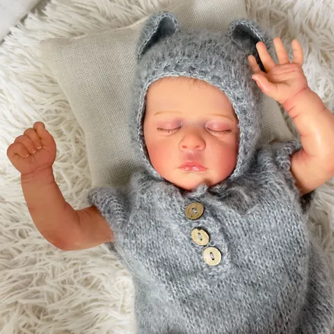 Muñeca Bebé Reborn Realista Pintada a Mano Recién Nacido Durmiendo Juguete Con Pelele de Punto Gris Gorro de Oso