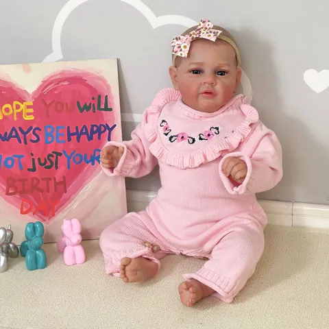 Realistic Reborn Baby Doll Hand Painted Hair Pink Knitted Romper With Pacifier Milk Bottle Headband Kids Toy Gift